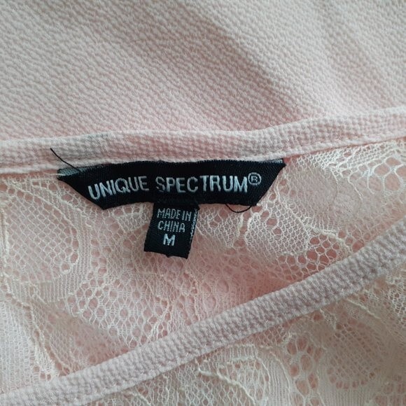 Unique Spectrum Blush Pink Peach Mesh Floral Lace Top Back Keyhole Baby Doll Top - Picture 9 of 10